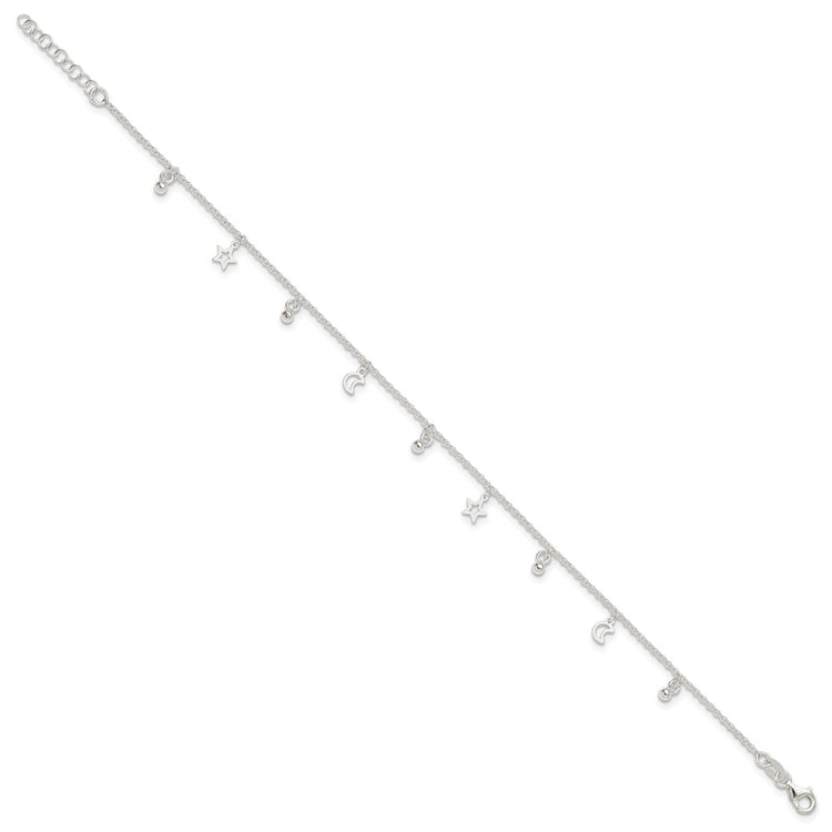 Sterling Silver Star and Moon 9 inch Plus 1 inch Extender - Total 10 inch Anklet