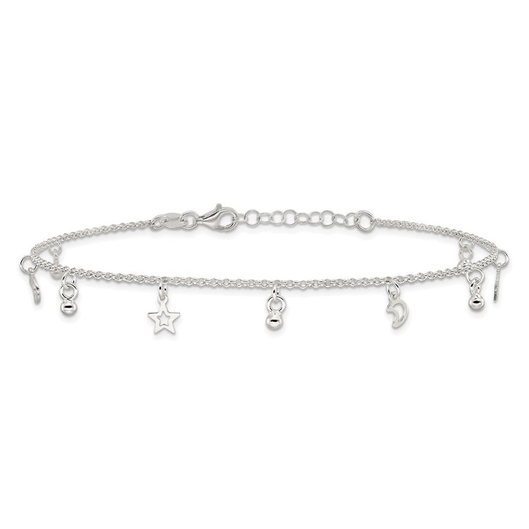 Sterling Silver Star and Moon 9 inch Plus 1 inch Extender - Total 10 inch Anklet