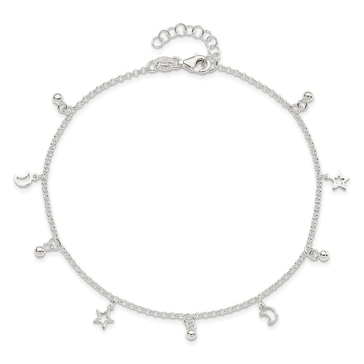Sterling Silver Star and Moon 9 inch Plus 1 inch Extender - Total 10 inch Anklet