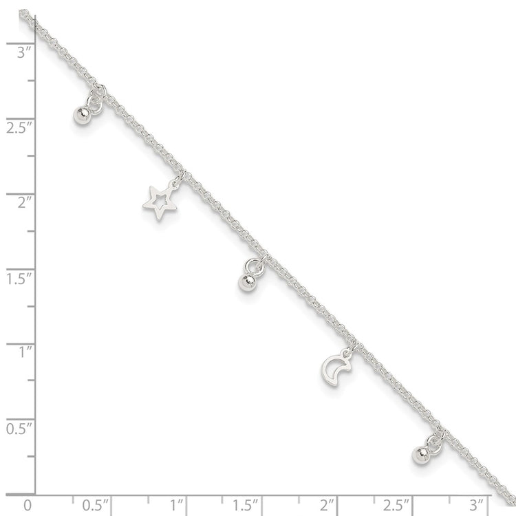 Sterling Silver Star and Moon 9 inch Plus 1 inch Extender - Total 10 inch Anklet
