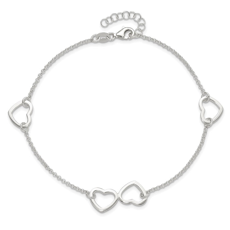 Sterling Silver Hearts 9 inch Plus 1 inch Extender - Total 10 inch Anklet