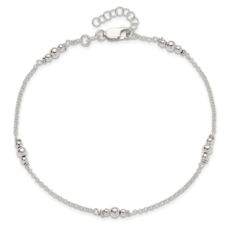 Sterling Silver Beaded 5-Station 9 inch Plus 1 inch Extender - Total 10 inch Anklet