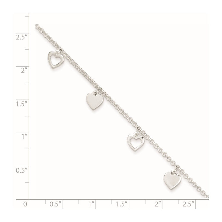 Sterling Silver Heart Charms 9 inch Plus 1 inch Extender - Total 10 inch Anklet
