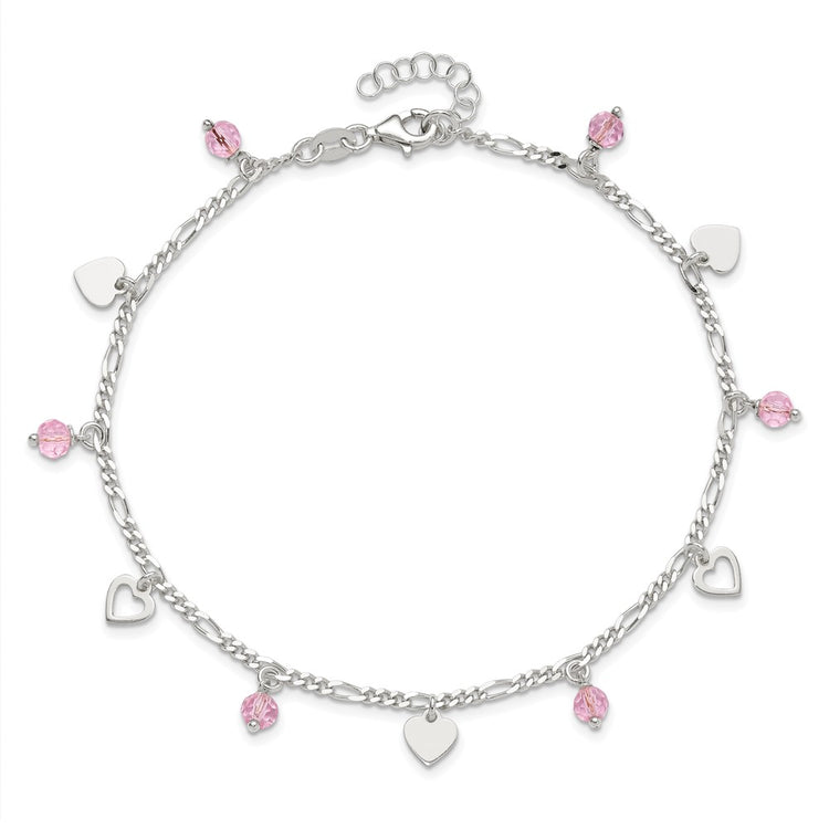 Sterling Silver Pink Glass Beads and Hearts 9 inch Plus 1 inch Extender - Total 10 inch Anklet