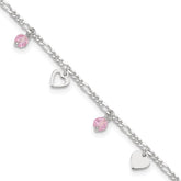 Sterling Silver Pink Glass Beads and Hearts 9 inch Plus 1 inch Extender - Total 10 inch Anklet