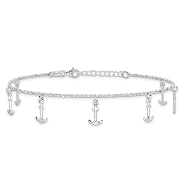 Sterling Silver Anchor Charms 9 inch Plus 1 inch Extender - Total 10 inch Anklet