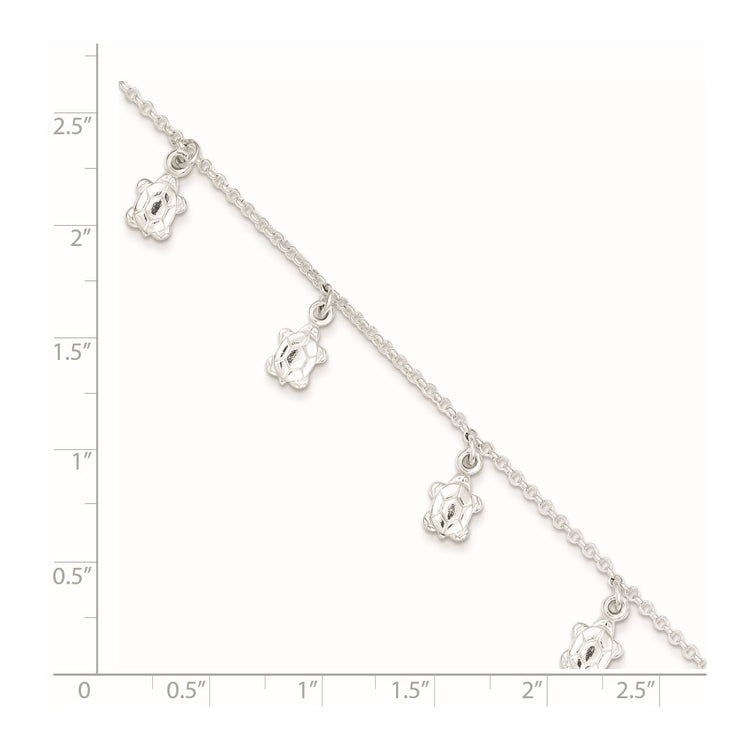 Sterling Silver Turtle Charms 9 inch Plus 1 inch Extender - Total 10 inch Anklet