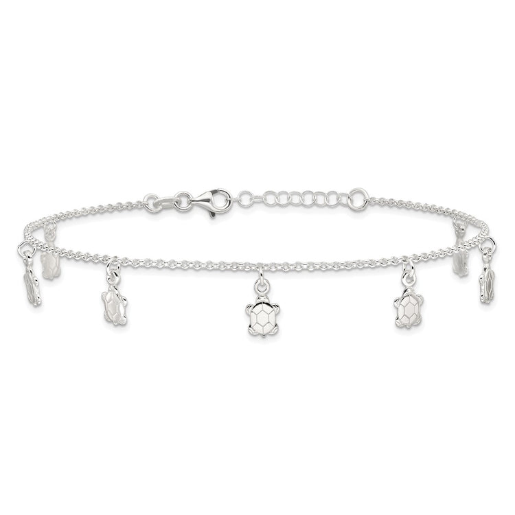 Sterling Silver Turtle Charms 9 inch Plus 1 inch Extender - Total 10 inch Anklet