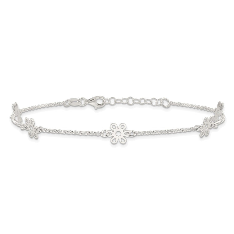Sterling Silver Cable Chain/Flowers 5-Station 9 inch Plus 1 inch Extender - Total 10 inch Anklet