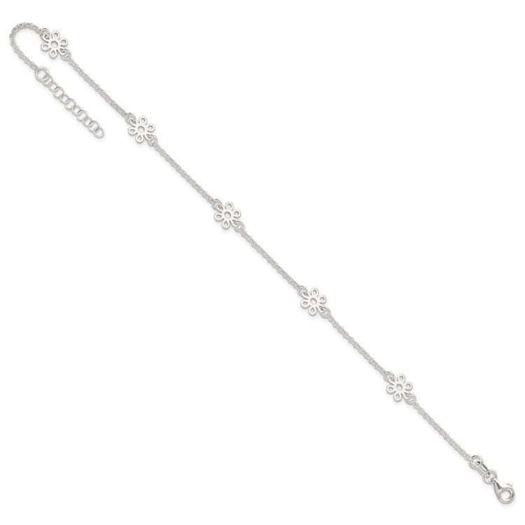 Sterling Silver Cable Chain/Flowers 5-Station 9 inch Plus 1 inch Extender - Total 10 inch Anklet