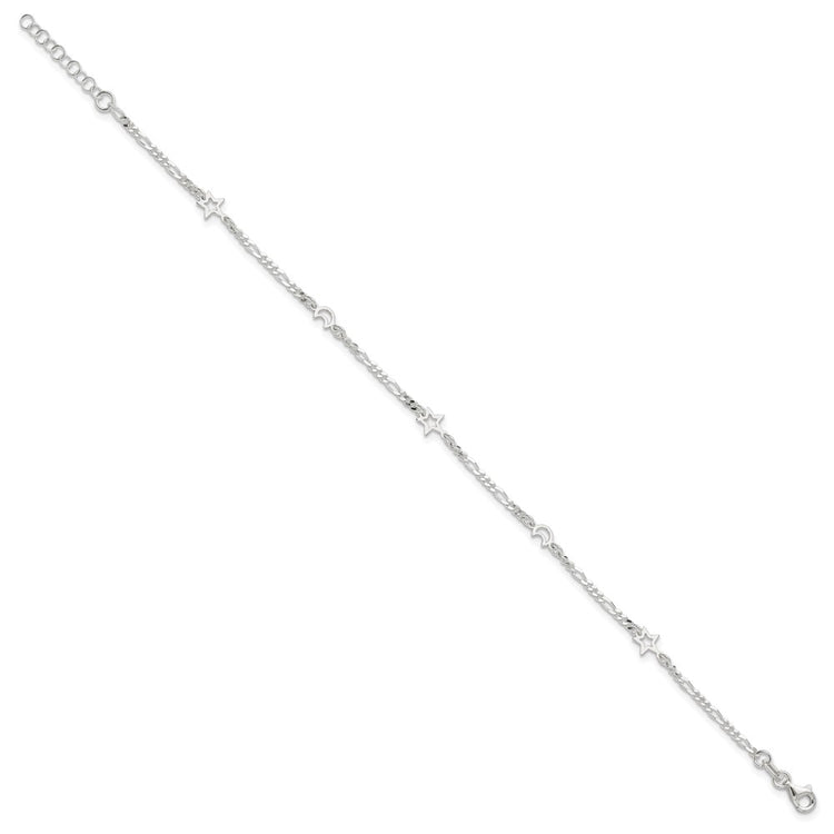 Sterling Silver Moon and Star 9 inch Plus 1 inch Extender - Total 10 inch Anklet