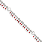 Sterling Silver Red Beads and Heart 10 inch Plus 1 inch Extender - Total 11 inch Anklet