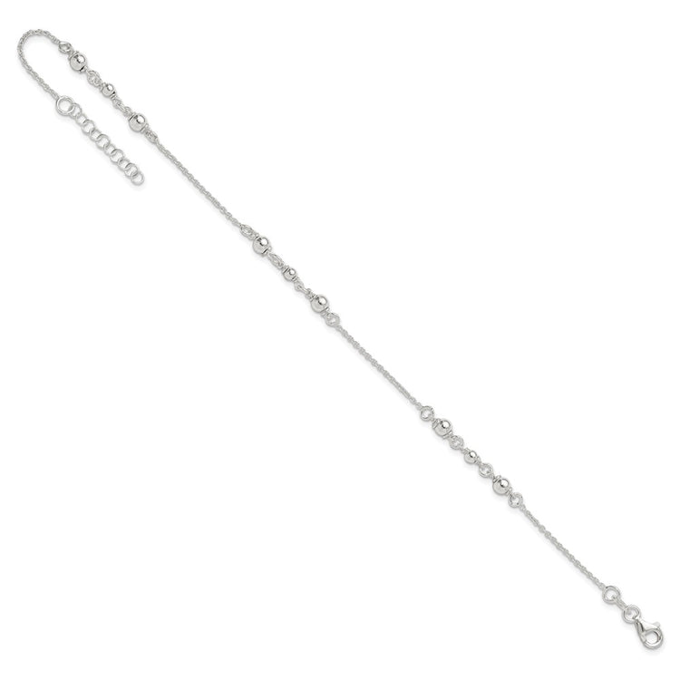 Sterling Silver Beaded 9 inch Plus 1 inch Extender - Total 10 inch Anklet