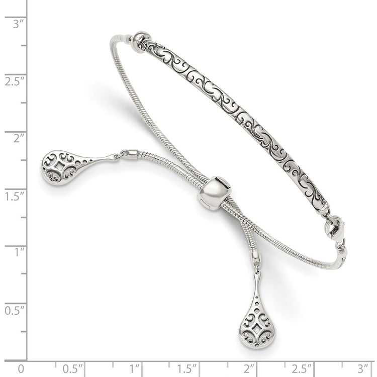 Sterling Silver Antiqued Filigree Drops Adjustable Bracelet