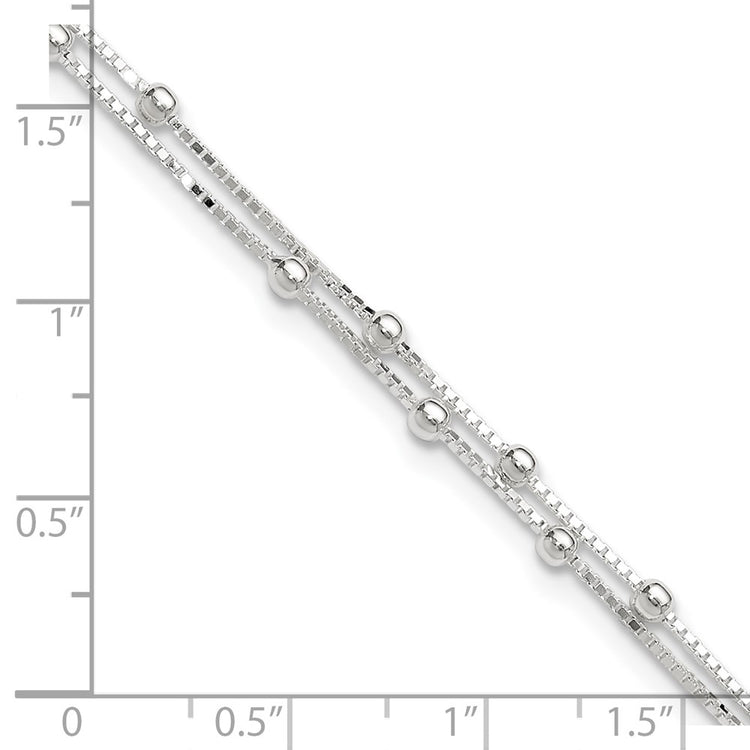Sterling Silver Beaded 2-strand 9 inch Plus 1 inch Extender - Total 10 inch Anklet