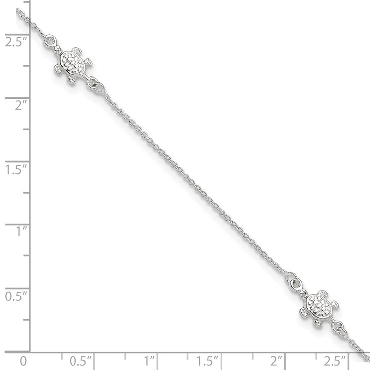 Sterling Silver Turtle 3-Station 9 inch Plus 1 inch Extender - Total 10 inch Anklet