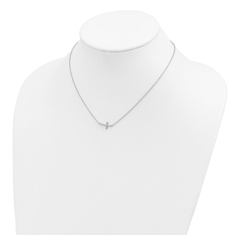Sterling Silver Rhodium-plated CZ Sideways Cross 16 inch Necklace with 2 inch extension