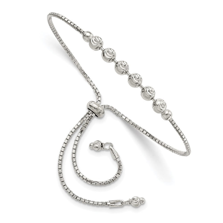 Sterling Silver Rhodium-plated Diamond-cut Beaded Adjustable Bracelet