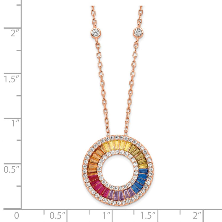 Prizma Sterling Silver Rose-tone 14K Flash Rose Gold-plated 16 inch Colorful Baguettes CZ Circle Necklace with 2 inch Ex