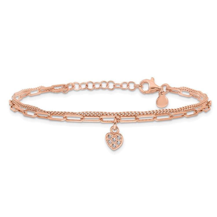 Sterling Silver Rose Gold-Tone Cubic Zirconia Rose Gold Heart Bracelet - Hypoallergenic Sterling Silver Heart Bracelets for Women - Size 6.7 - view 3