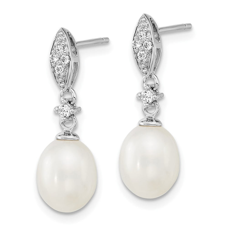 Sterling Silver Rhodium-plated 8-9mm White Teardrop Freshwater Cultured Pearl and CZ 17 inch Necklace and Post Dangle Ea