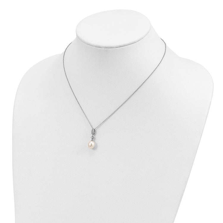 Sterling Silver Rhodium-plated 8-9mm White Teardrop Freshwater Cultured Pearl and CZ 17 inch Necklace and Post Dangle Ea
