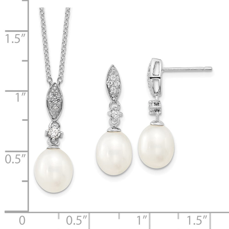 Sterling Silver Rhodium-plated 8-9mm White Teardrop Freshwater Cultured Pearl and CZ 17 inch Necklace and Post Dangle Ea