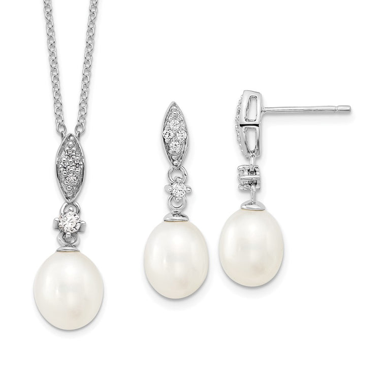Sterling Silver Rhodium-plated 8-9mm White Teardrop Freshwater Cultured Pearl and CZ 17 inch Necklace and Post Dangle Ea
