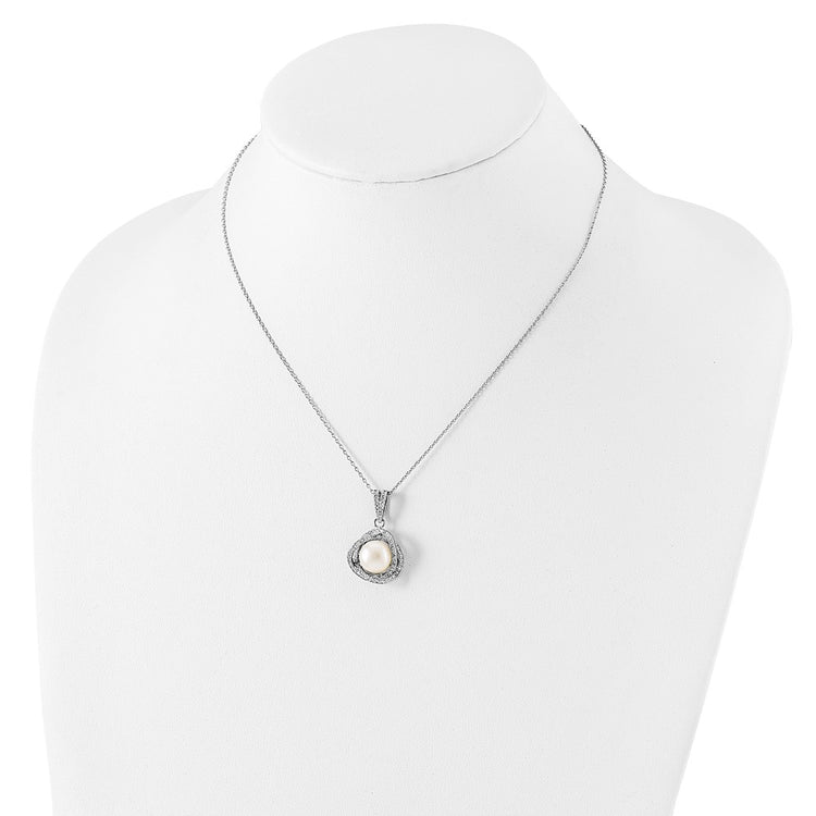 Sterling Silver Rhodium-plated 10-12mm White Button Freshwater Cultured Pearl and CZ 17 inch Necklace and Post Earrings