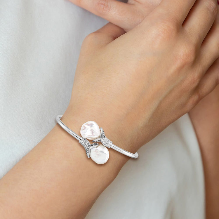Sterling Silver Rhodium-plated 16-17mm White Keshi Freshwater Cultured Pearl and CZ Flexible Bangle