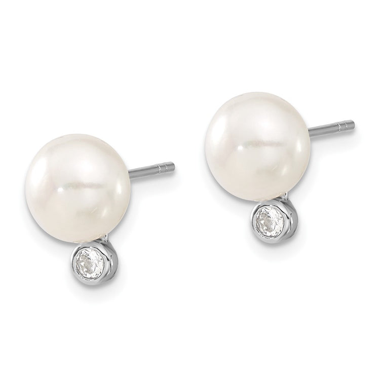 Sterling Silver Rhodium-plated 8-9mm White Button Freshwater Cultured Pearl and CZ 17 inch Necklace and Post Earrings Se