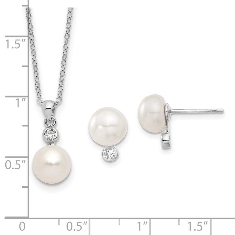 Sterling Silver Rhodium-plated 8-9mm White Button Freshwater Cultured Pearl and CZ 17 inch Necklace and Post Earrings Se