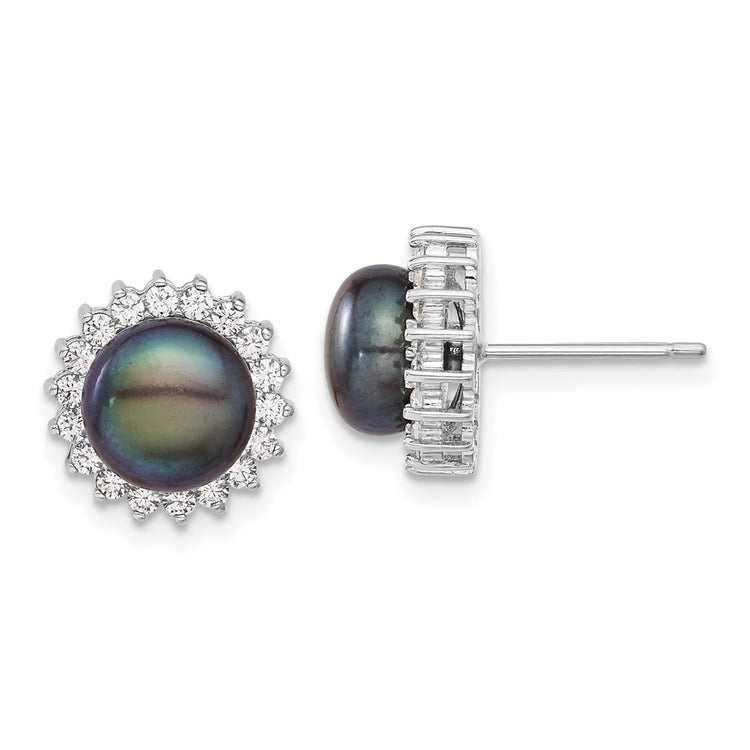 Sterling Silver Rhodium-plated 8-9mm Black Button Freshwater Cultured Pearl and CZ 17 inch Necklace and Post Earrings Se