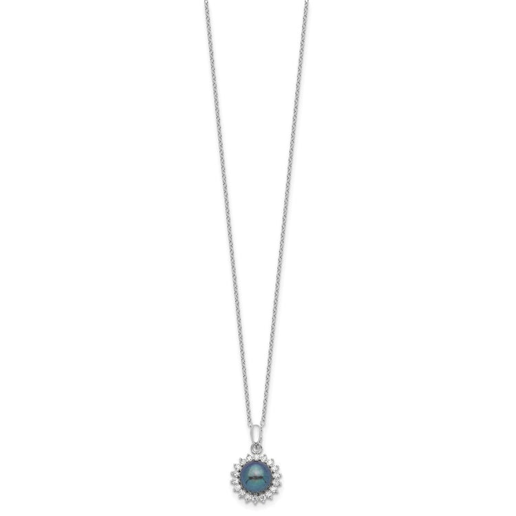 Sterling Silver Rhodium-plated 8-9mm Black Button Freshwater Cultured Pearl and CZ 17 inch Necklace and Post Earrings Se