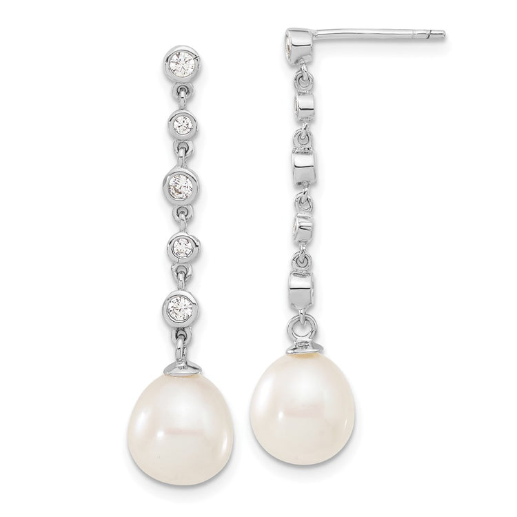 Sterling Silver Rhodium-plated 8-9mm White Teardrop Freshwater Cultured Pearl and CZ 17 inch Necklace and Post Dangle Ea