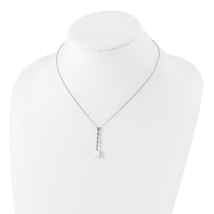Sterling Silver Rhodium-plated 8-9mm White Teardrop Freshwater Cultured Pearl and CZ 17 inch Necklace and Post Dangle Ea