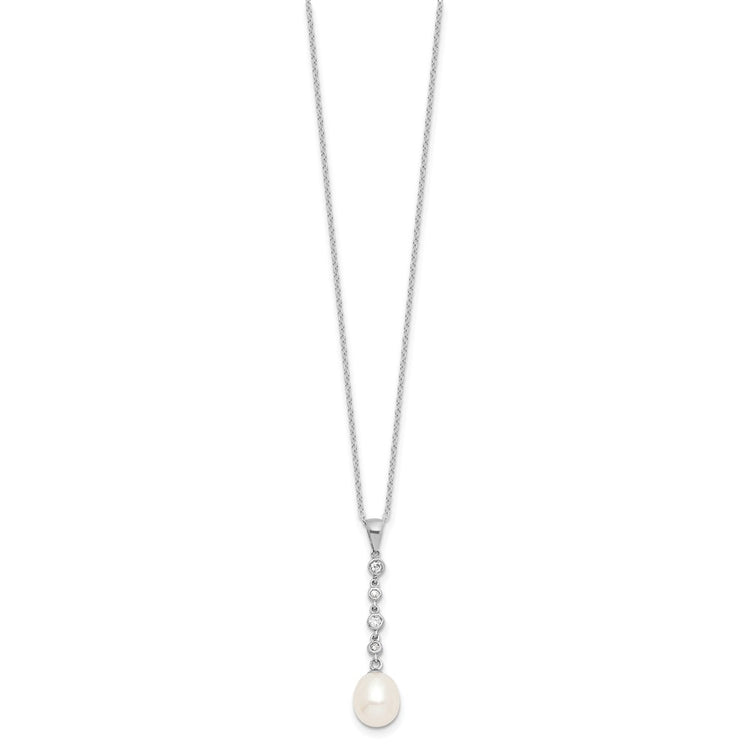 Sterling Silver Rhodium-plated 8-9mm White Teardrop Freshwater Cultured Pearl and CZ 17 inch Necklace and Post Dangle Ea