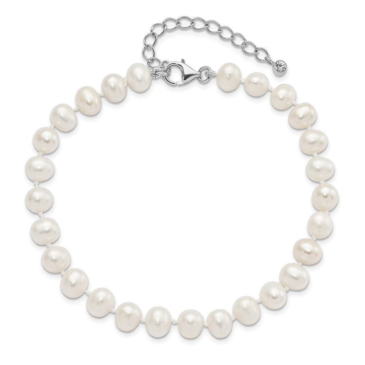Sterling Silver Rhodium-plated 7-8mm White Near-Round Freshwater Cultured Pearl and CZ 8.5 with 2 inch Extension Anklet