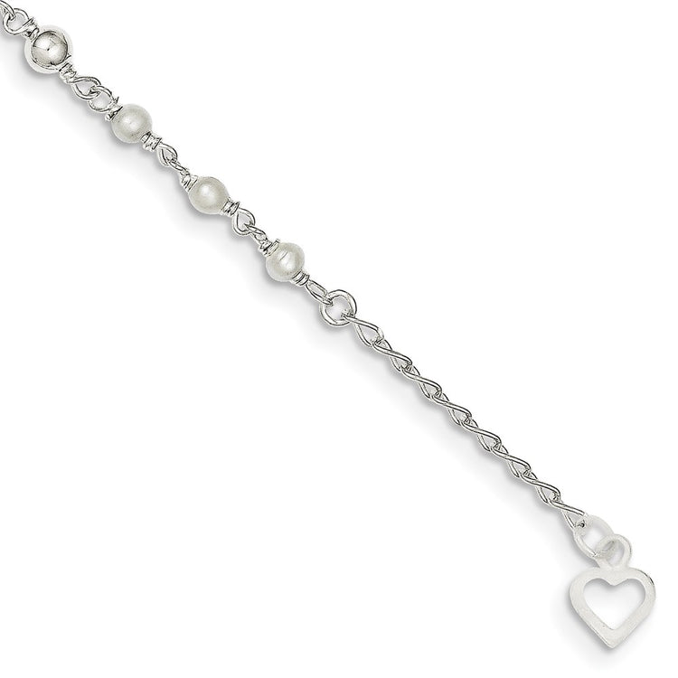 Sterling Silver Freshwater Cultured Pearl and Heart 9 inch Plus 1 inch Extender - Total 10 inch Anklet