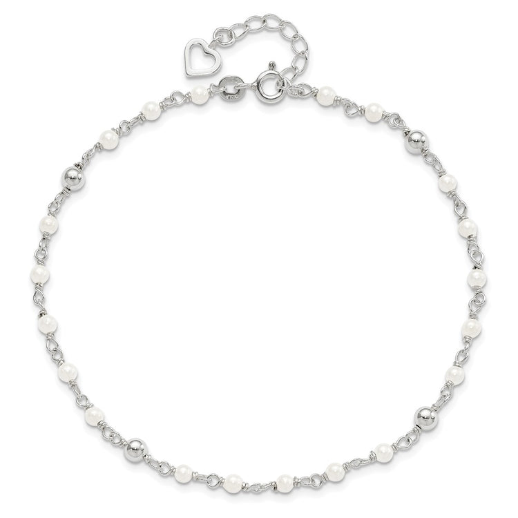 Sterling Silver Freshwater Cultured Pearl and Heart 9 inch Plus 1 inch Extender - Total 10 inch Anklet