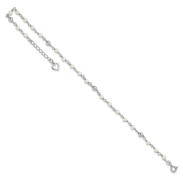 Sterling Silver Freshwater Cultured Pearl and Heart 9 inch Plus 1 inch Extender - Total 10 inch Anklet