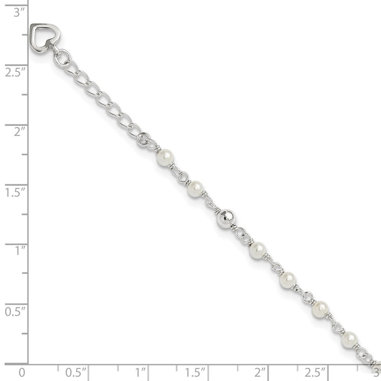 Sterling Silver Freshwater Cultured Pearl and Heart 9 inch Plus 1 inch Extender - Total 10 inch Anklet