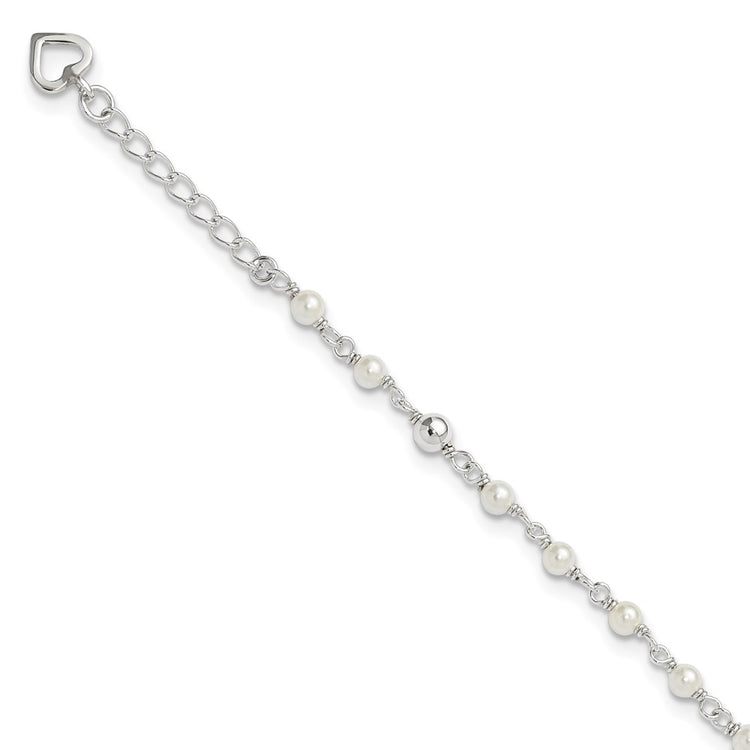 Sterling Silver Freshwater Cultured Pearl and Heart 9 inch Plus 1 inch Extender - Total 10 inch Anklet