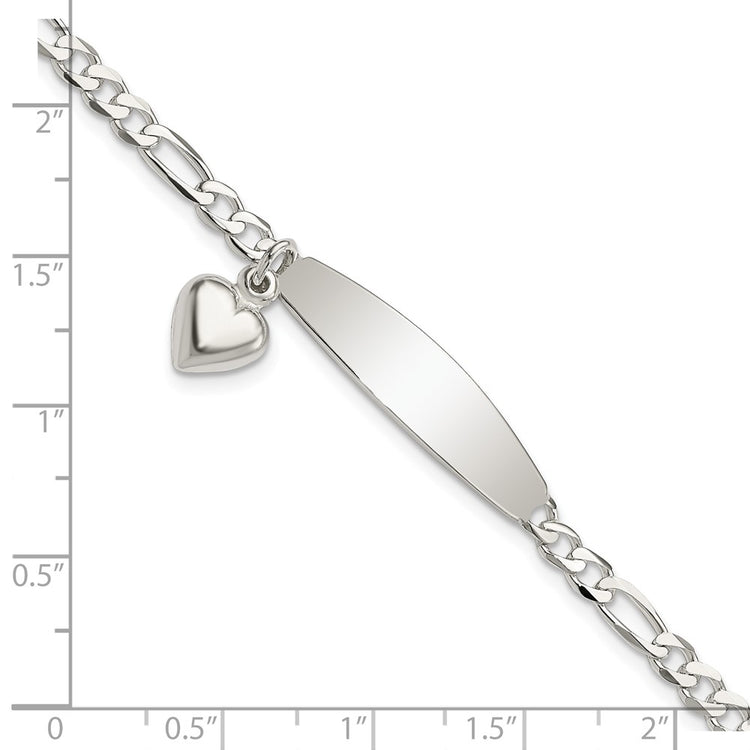 Sterling Silver Polished Figaro ID Heart Dangle Bracelet