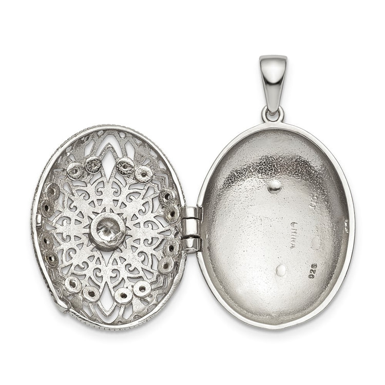 Sterling Silver Rhodium-plated CZ Filigree Top Polished Back Oval Locket