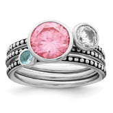 Sterling Silver Rhodium-plated w/Pink & White CZ and Blue Glass Ring Set