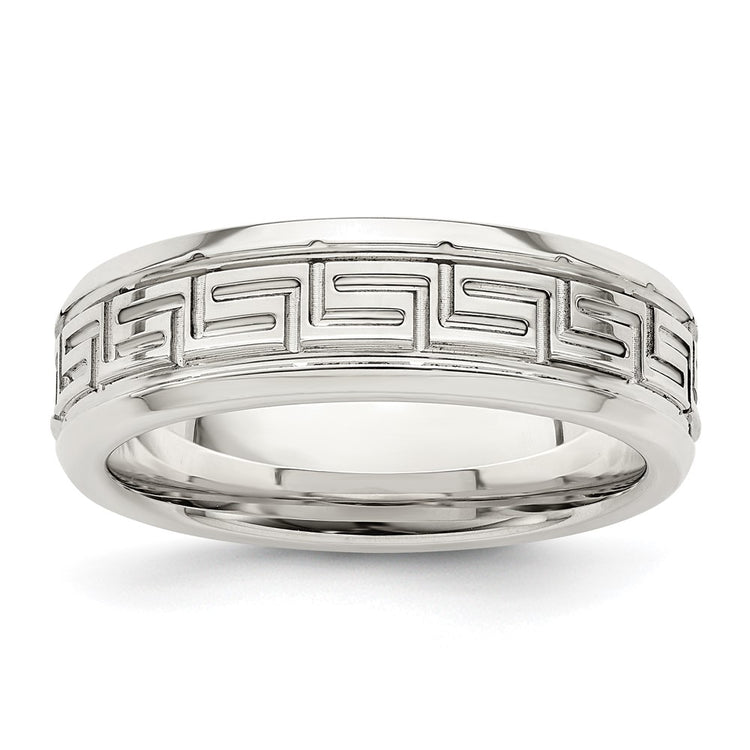 Sterling Silver 6mm Polished Flat Greek Key Design Beveled Edge Fancy Band