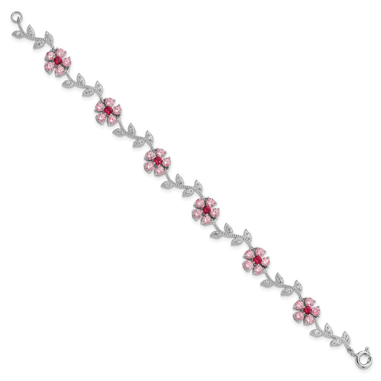 Sterling Silver Rhod-plated 7.5in Pink and Clear CZ Flower Bracelet