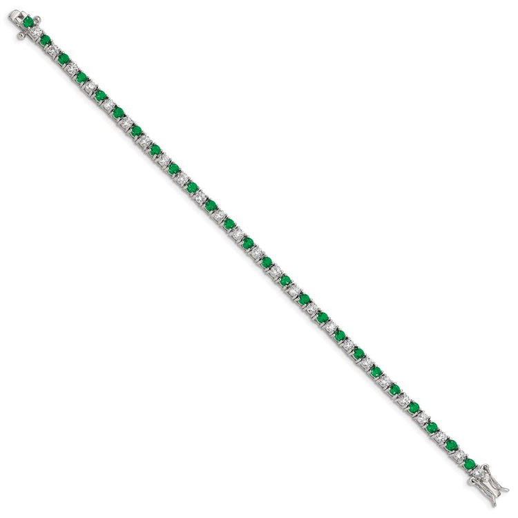 Sterling Silver Rhodium-plated Green Glass and CZ 7 inch Bracelet