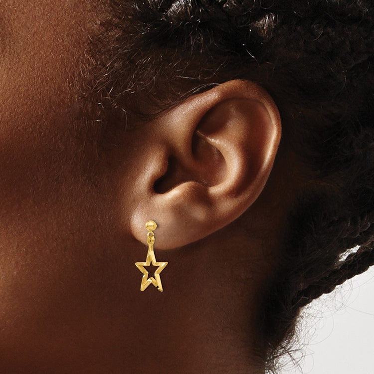 14k Polished Diamond-Cut Open Star Dangle Post Earrings